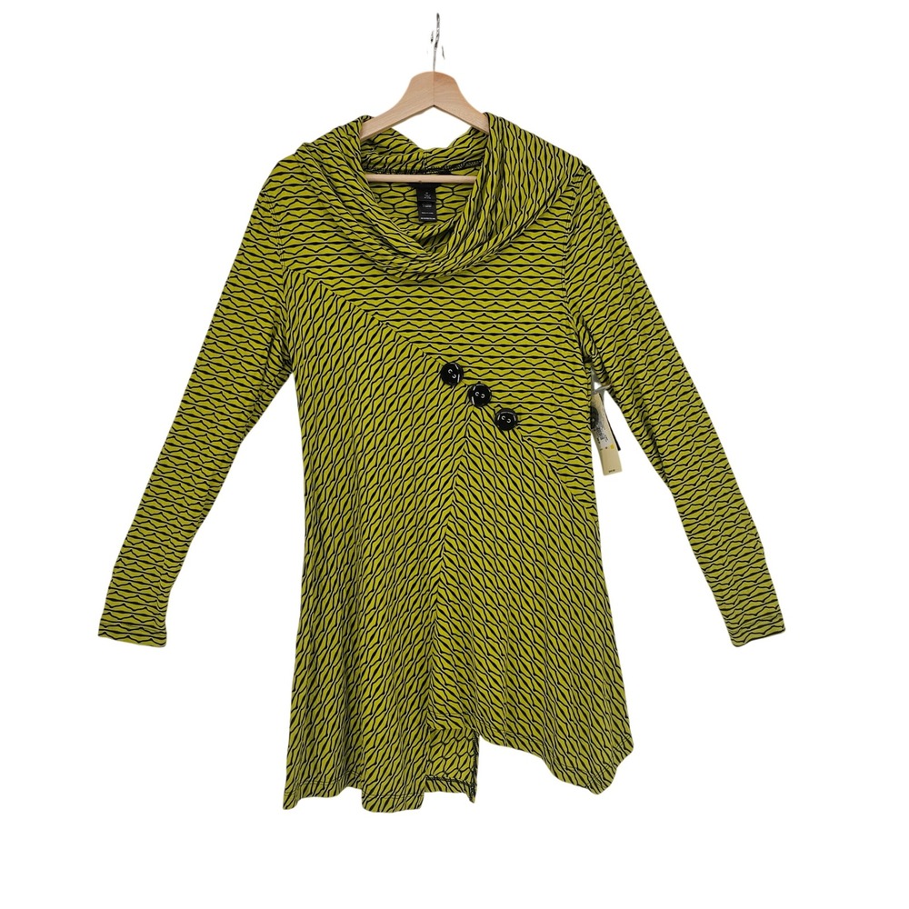 Ali Miles Knit Tunic M Citron Yellow Black Cowl Neck‎ Sharkbite Hem Button Artsy